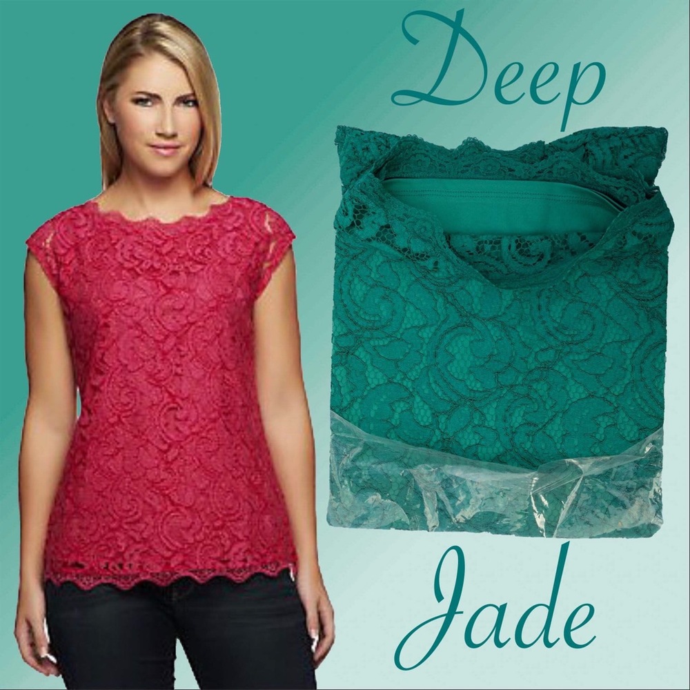 Clinton Kelly Extend Shoulder Scallop Edge Lace Top, 1X NWT Deep Jade A233172